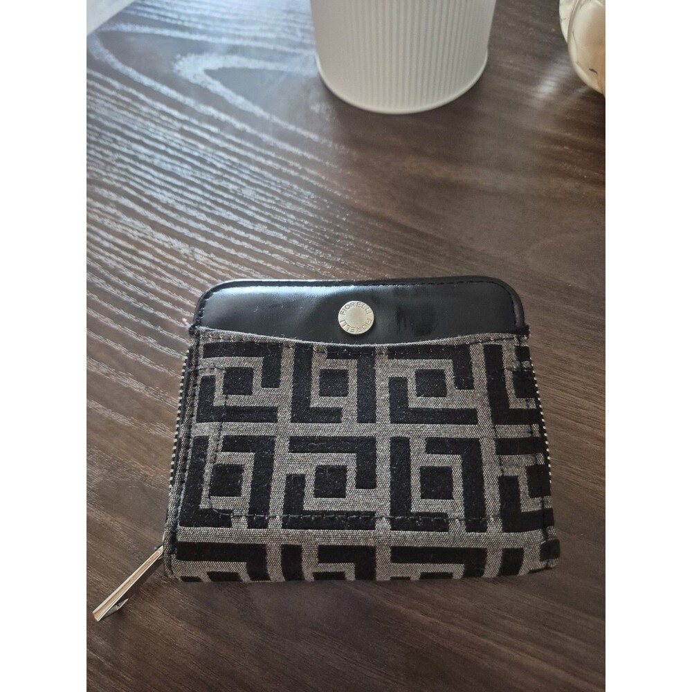 Fiorelli Black Gray Geometric Compact Zip Wallet Card Holder ID Window